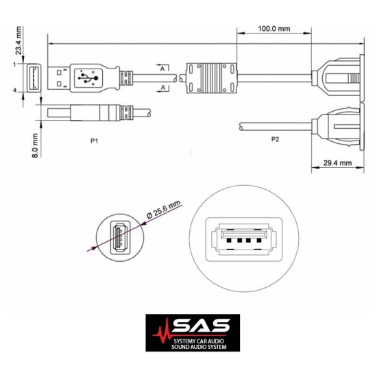 Przedłużacz USB Ampire XUB120 Przedłużacz USB 2.0 z zainstalowanym gniazdem i uchwytem 120cm.